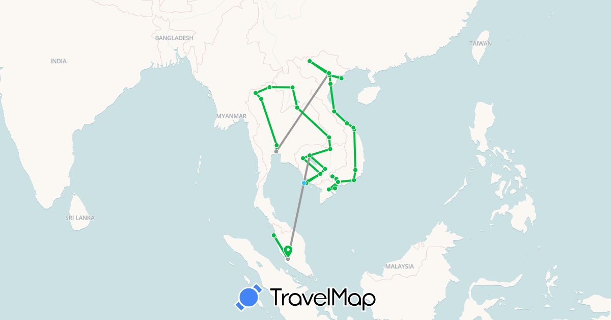TravelMap itinerary: driving, bus, plane, boat in Cambodia, Laos, Malaysia, Thailand, Vietnam (Asia)